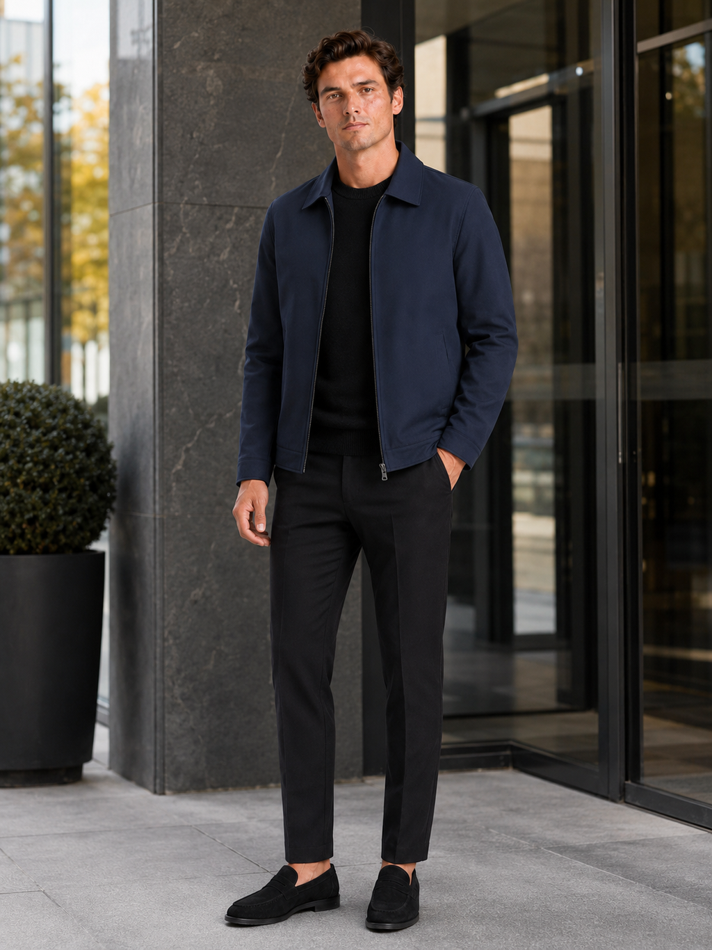Man styling navy fleece lined fall jacket in a refined business casual and everyday lifestyle outfit