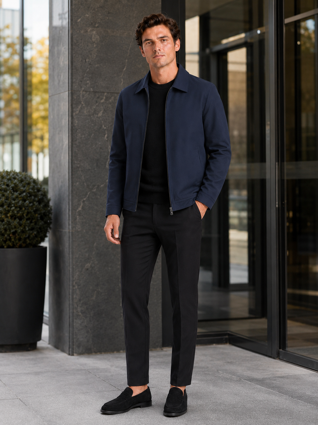 Man styling navy fleece lined fall jacket in a refined business casual and everyday lifestyle outfit
