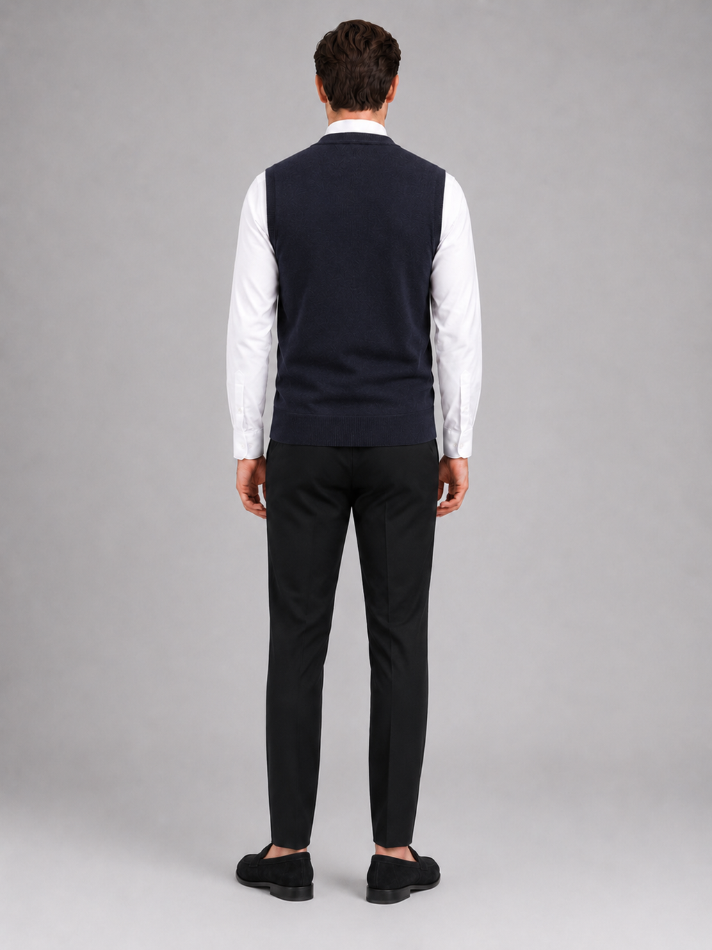 Men’s navy button front sweater vest comfortable sleeveless fleece knit layer for office and casual outfits