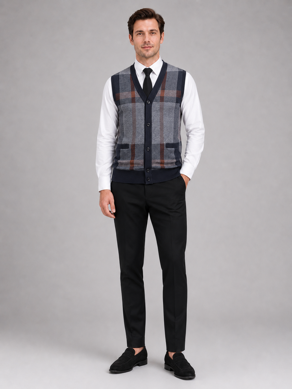 Navy fleece sweater vest for men warm v neck knit layer for business casual and everyday wear