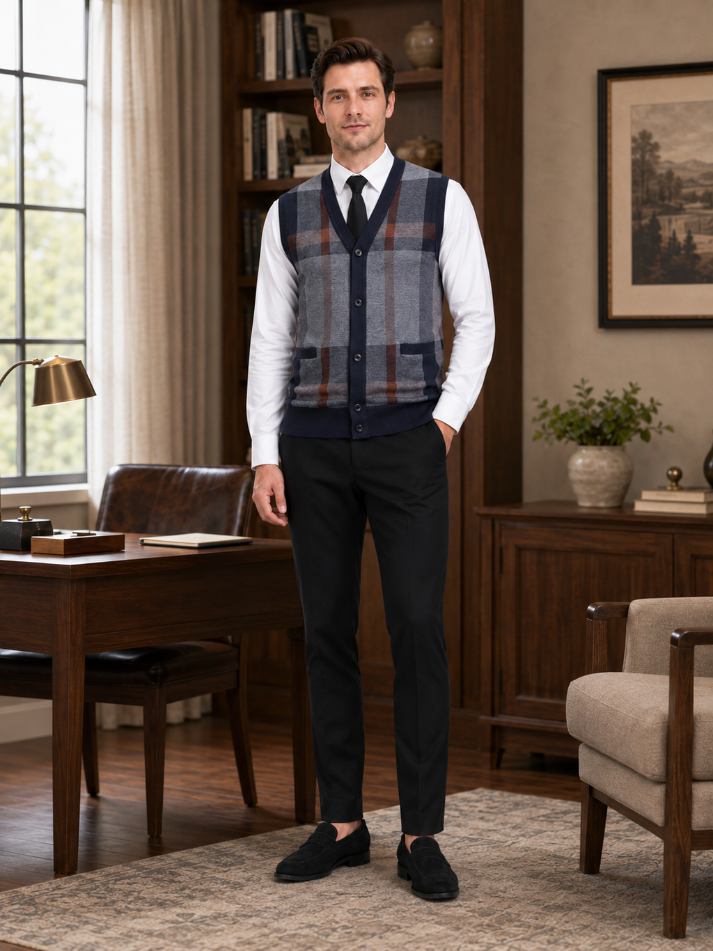 Man styling navy fleece sweater vest in a polished business casual and everyday lifestyle outfit