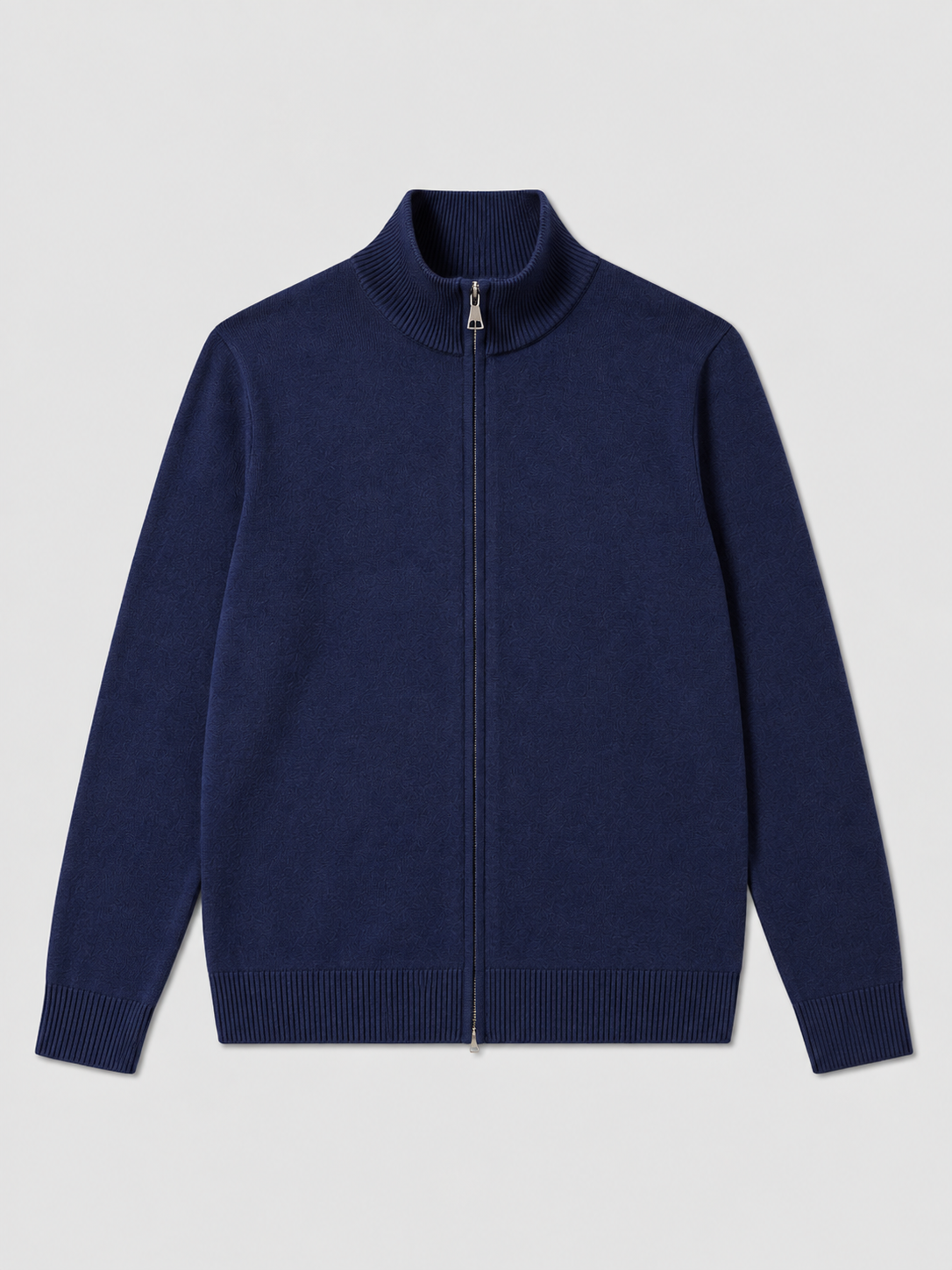 Navy men’s full zip knit cardigan sweater with a stand collar and slim fit displayed on a plain background