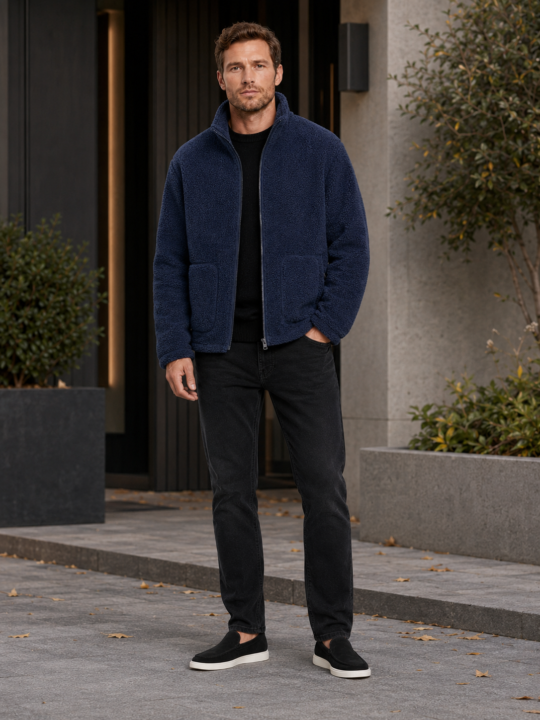 Man wearing a navy full zip fleece jacket in a casual fall winter outfit for outdoor and everyday wear
