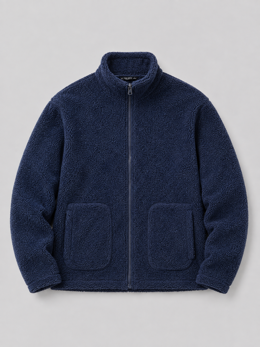 Navy men’s full zip fleece jacket with a stand collar and loose fit displayed on a plain background