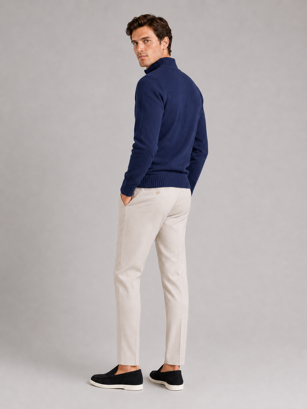 Navy half zip knit sweater for men long sleeve pullover for everyday fall wear