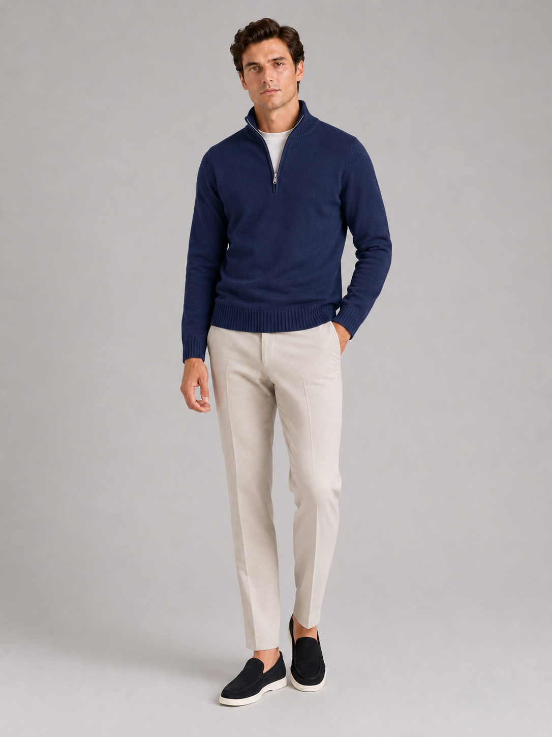 Men’s navy solid color half zip sweater comfortable knit top for casual outfits
