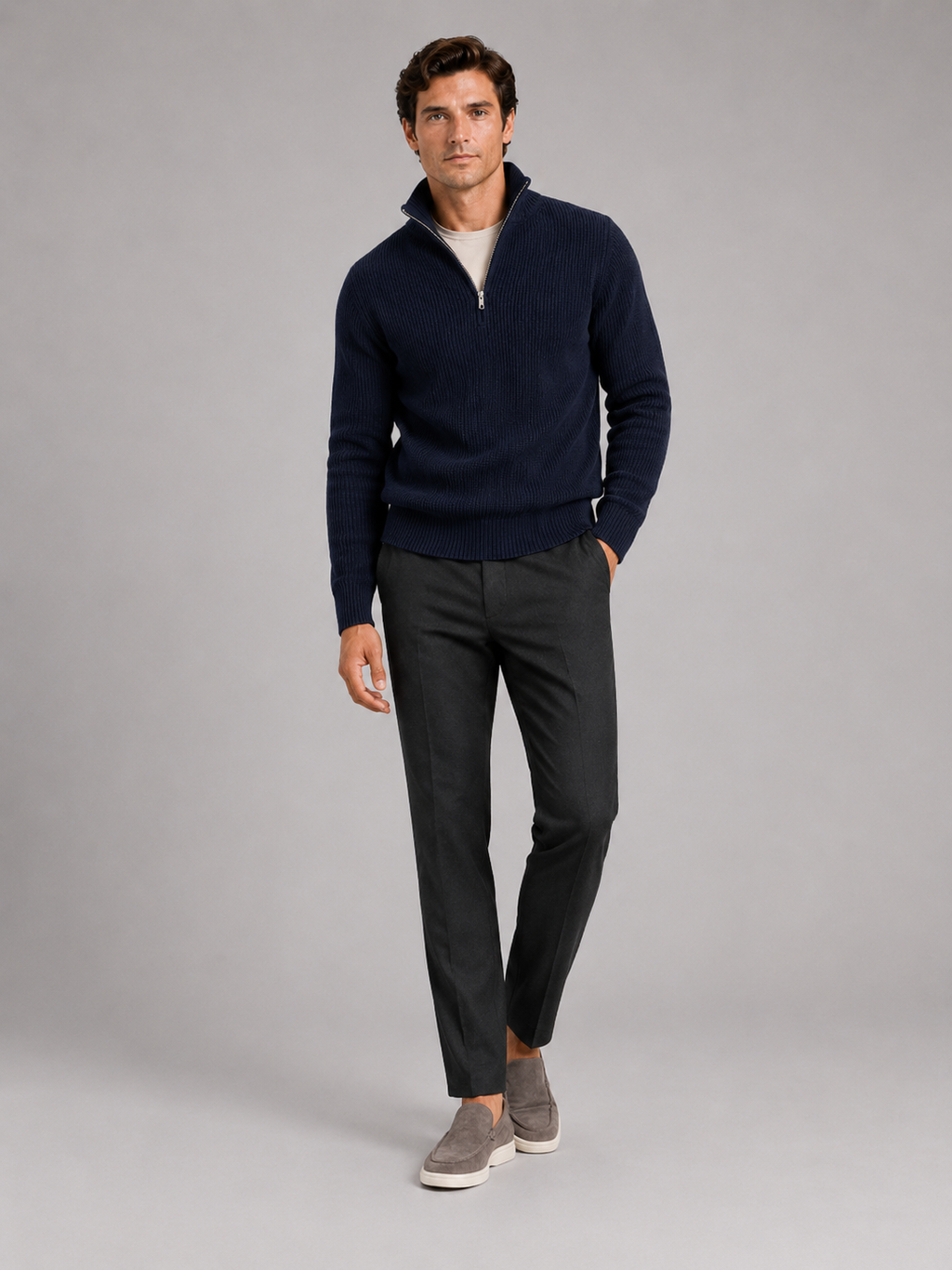 Men’s navy thick knit half zip pullover comfortable sweater for refined business outfits