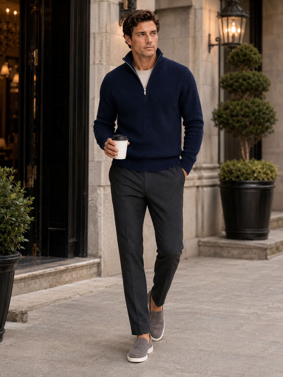 Man styling navy half zip sweater in a polished winter lifestyle outfit