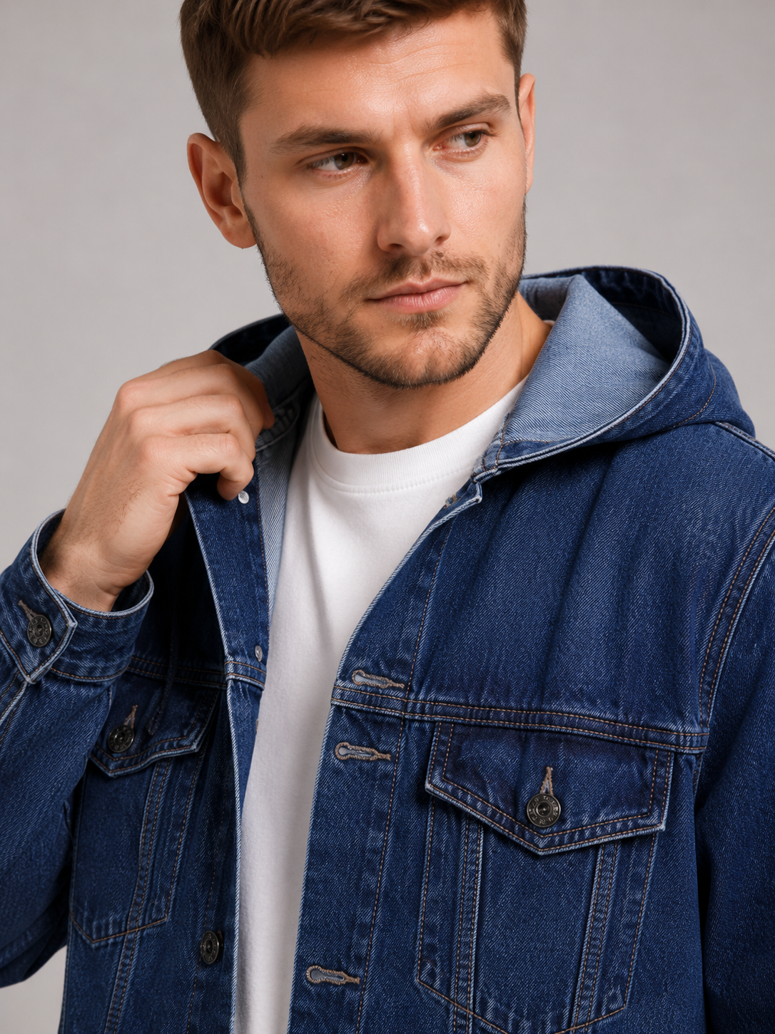 Close up of navy hooded denim jacket showing durable fabric, large utility pockets, and hood detail