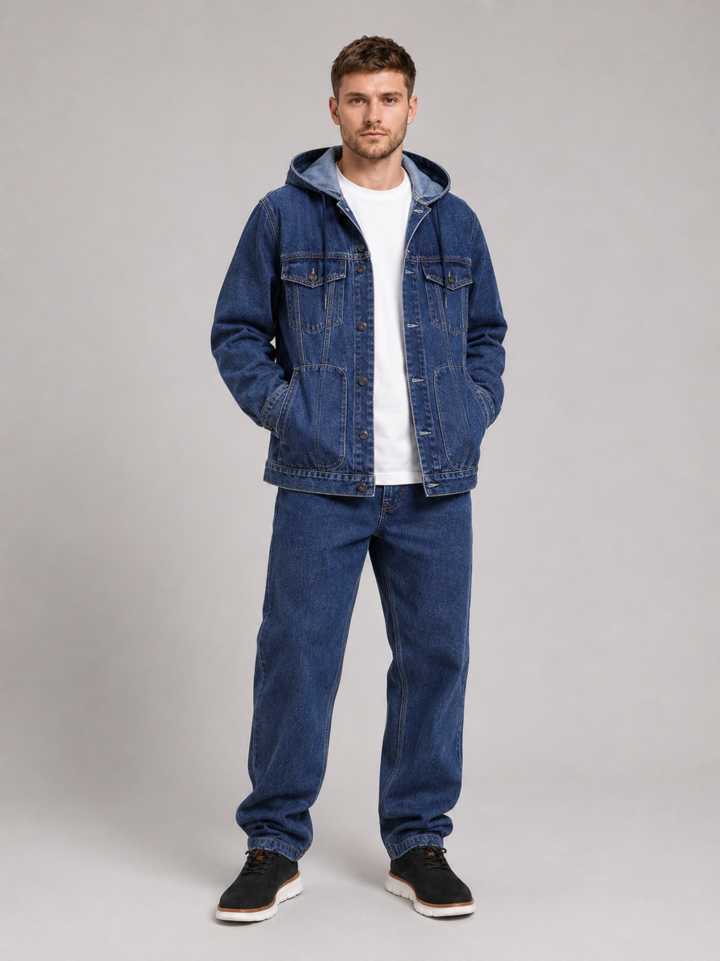 Navy hooded denim jacket for men windproof fall outerwear for everyday wear