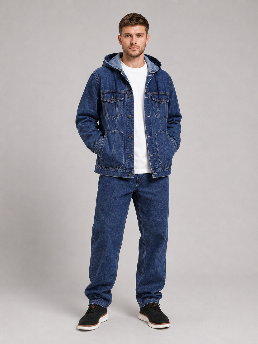 Navy hooded denim jacket for men windproof fall outerwear for everyday wear