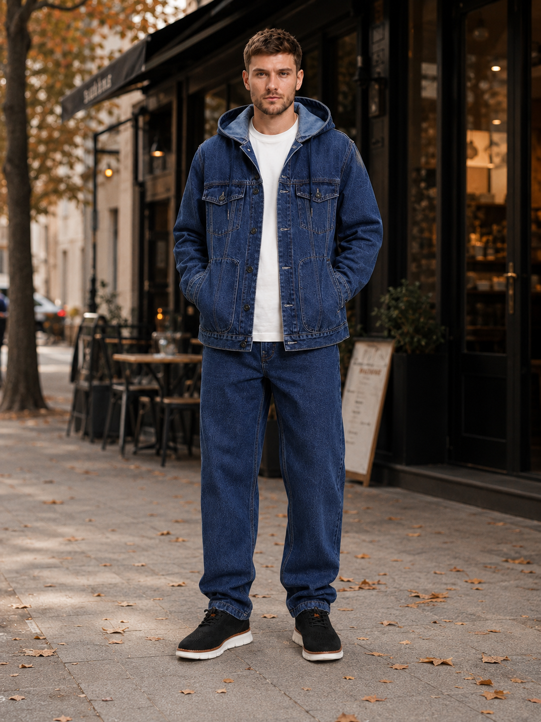 Man styling navy hooded denim jacket in a refined streetwear and everyday lifestyle outfit