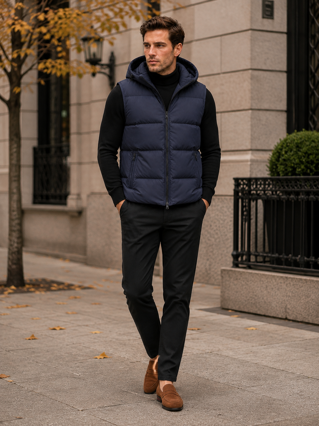 Man wearing a navy hooded puffer vest in a casual fall winter outfit for outdoor and everyday wear