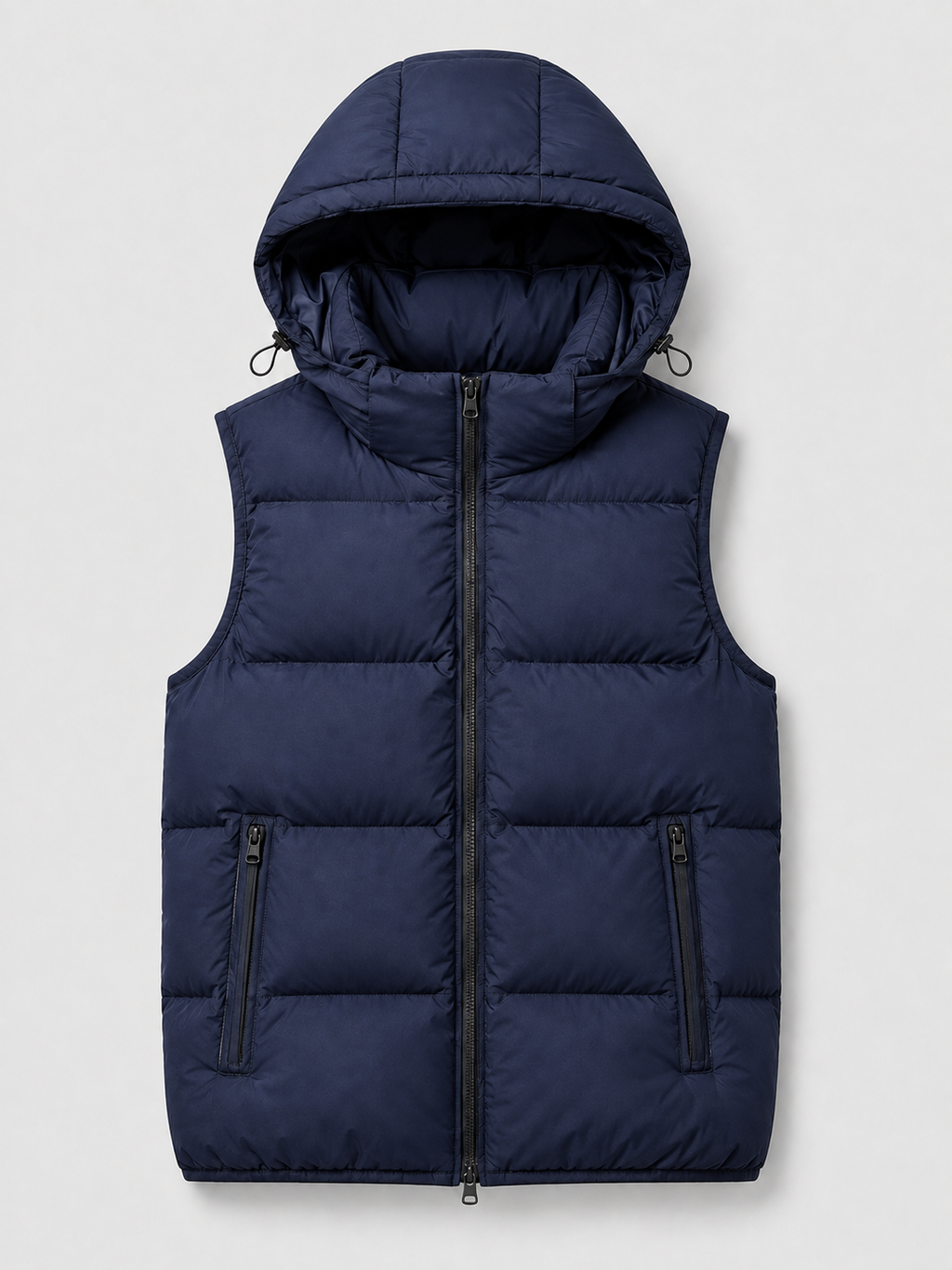 Man wearing a black hooded puffer vest in a casual fall winter outfit for outdoor and everyday wear