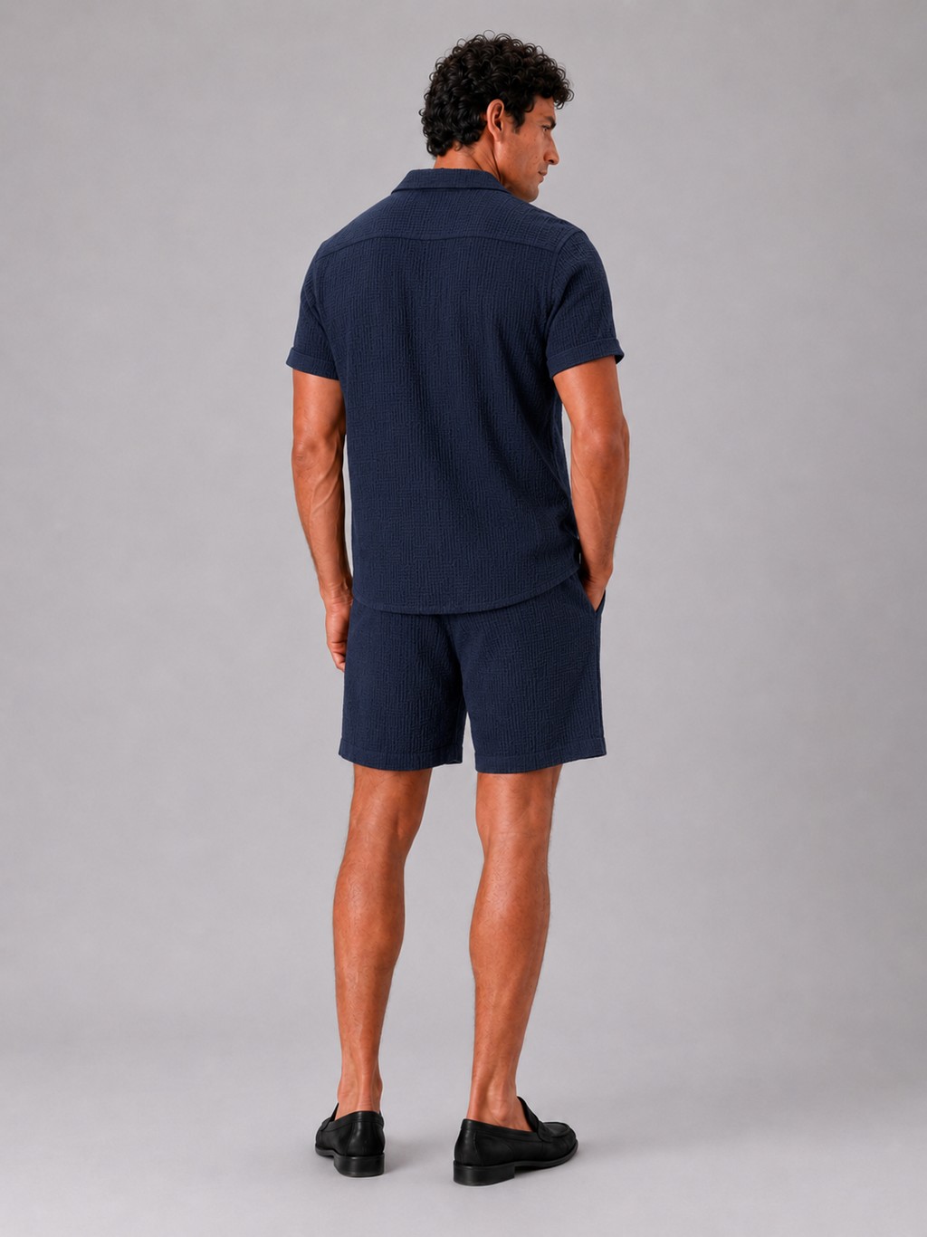 Men’s navy jacquard two piece outfit breathable comfortable style for vacation and resort wear