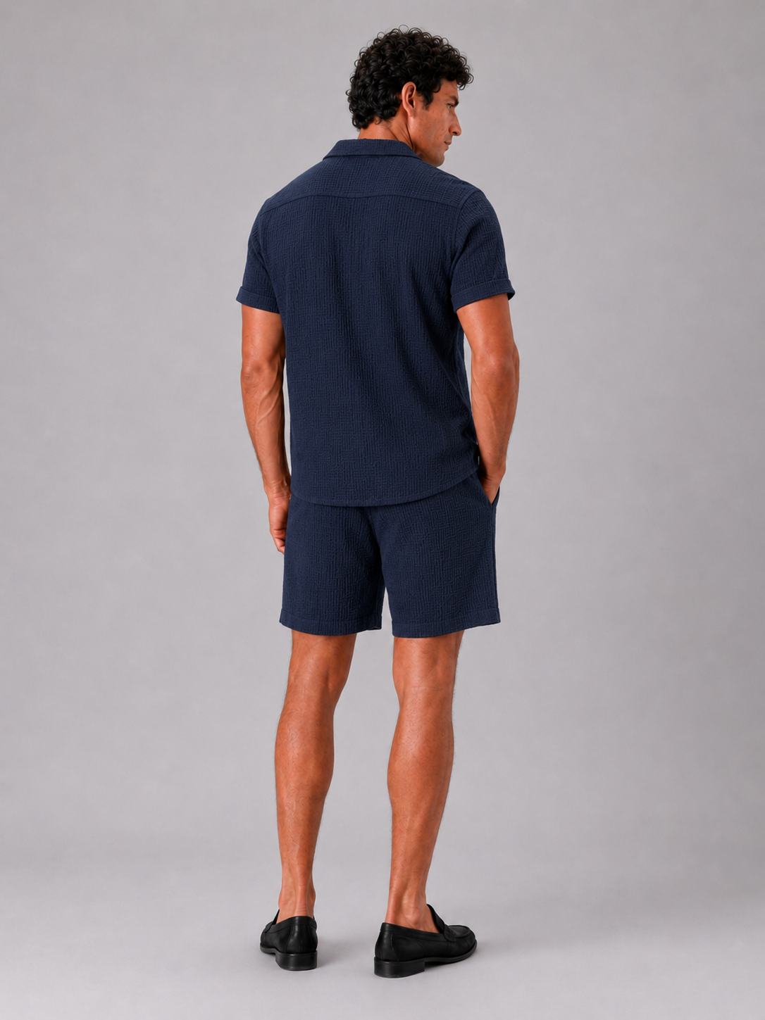 Men’s navy jacquard two piece outfit breathable comfortable style for vacation and resort wear