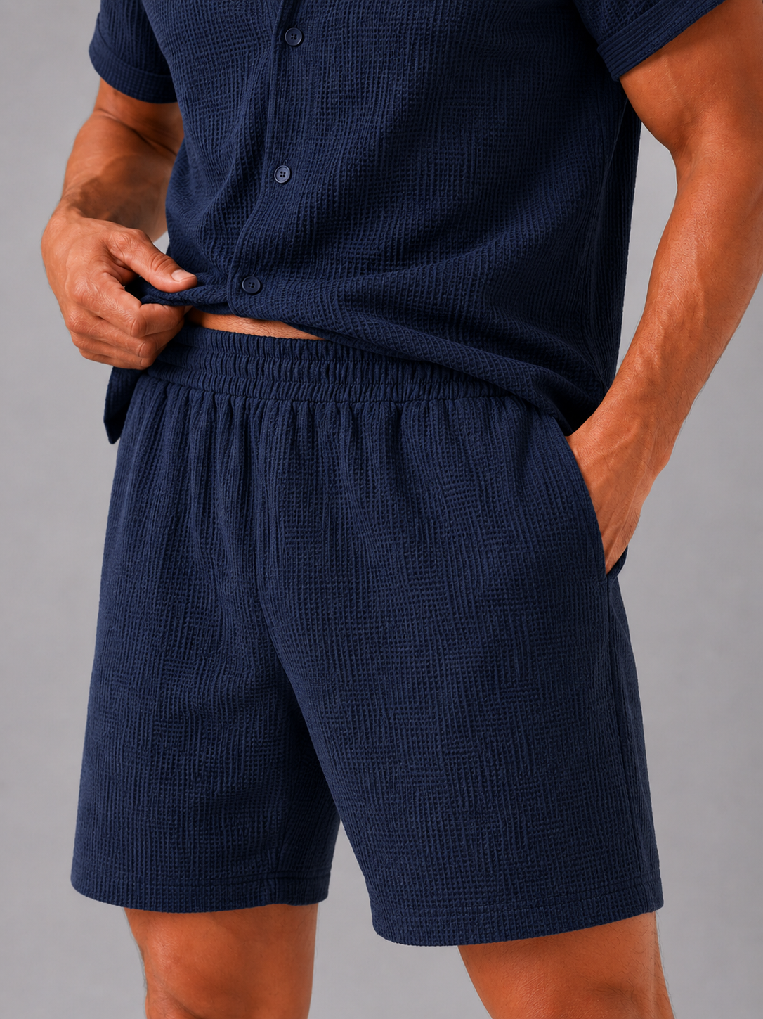 Navy cotton two piece set for men lightweight casual summer wear with jacquard texture