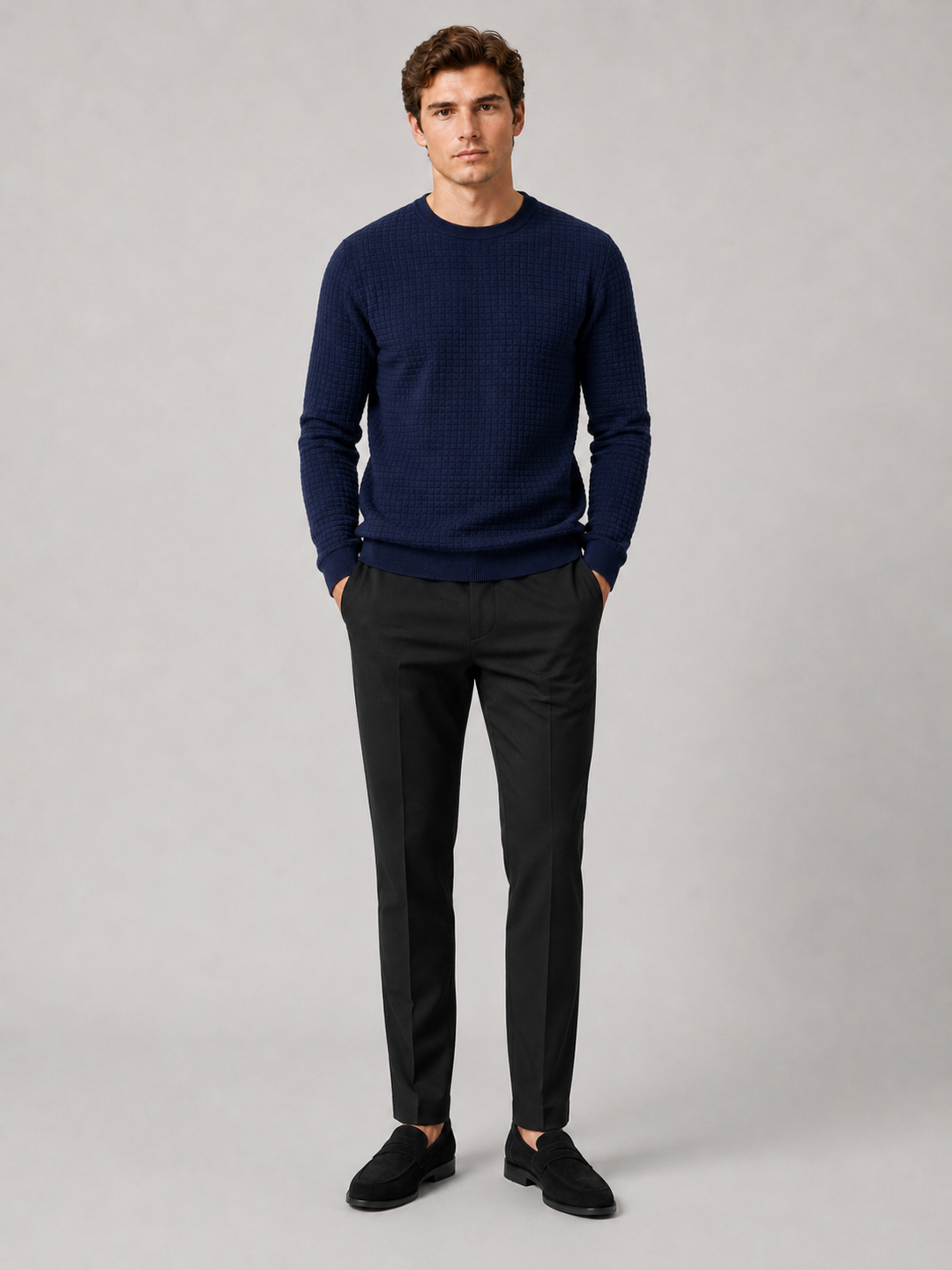 Navy jacquard crew neck sweater for men warm slim fit pullover for everyday wear