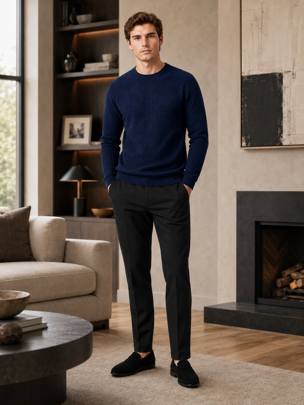 Man styling navy jacquard crew neck sweater in a classic fall winter lifestyle outfit