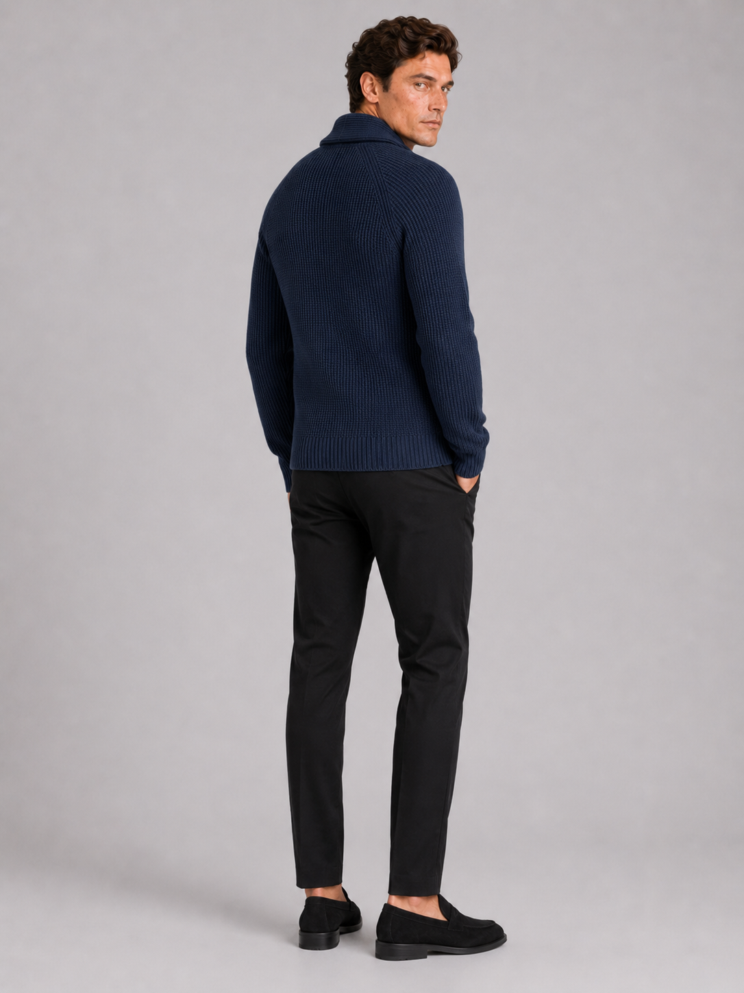 Men’s navy cardigan sweater with front pockets comfortable knit layer for casual outfits