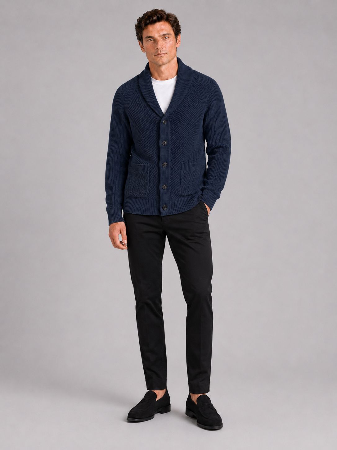 Navy knit cardigan sweater for men long sleeve layer for everyday fall winter wear
