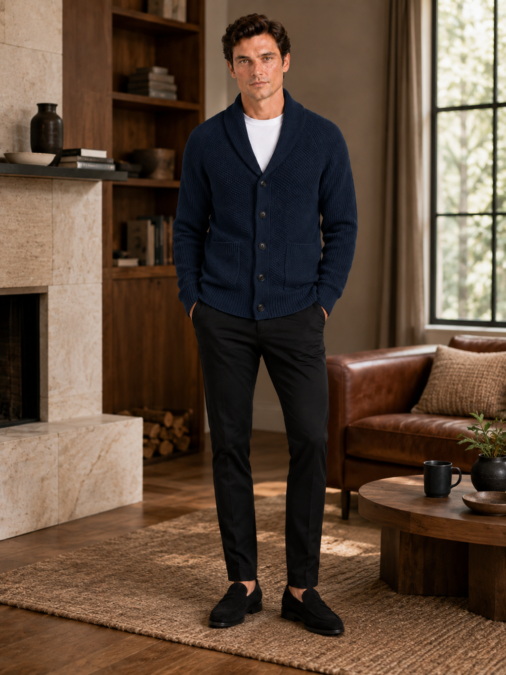 Man styling navy knit cardigan sweater in a refined fall winter lifestyle outfit