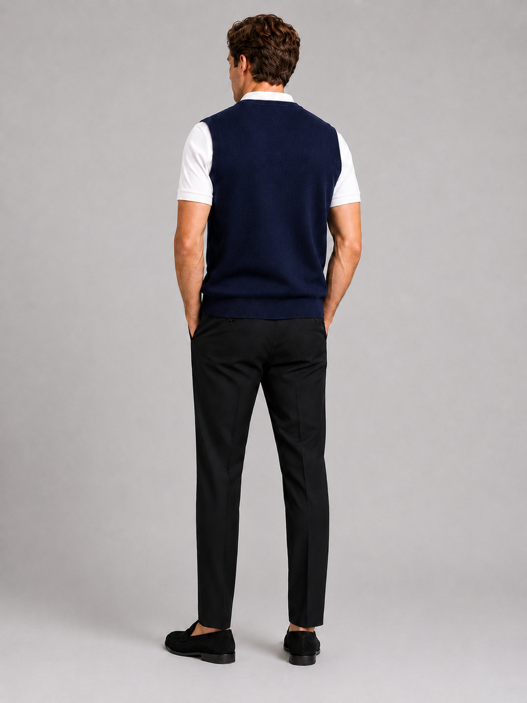 Men’s navy v neck sweater vest comfortable knit layer for business casual outfits