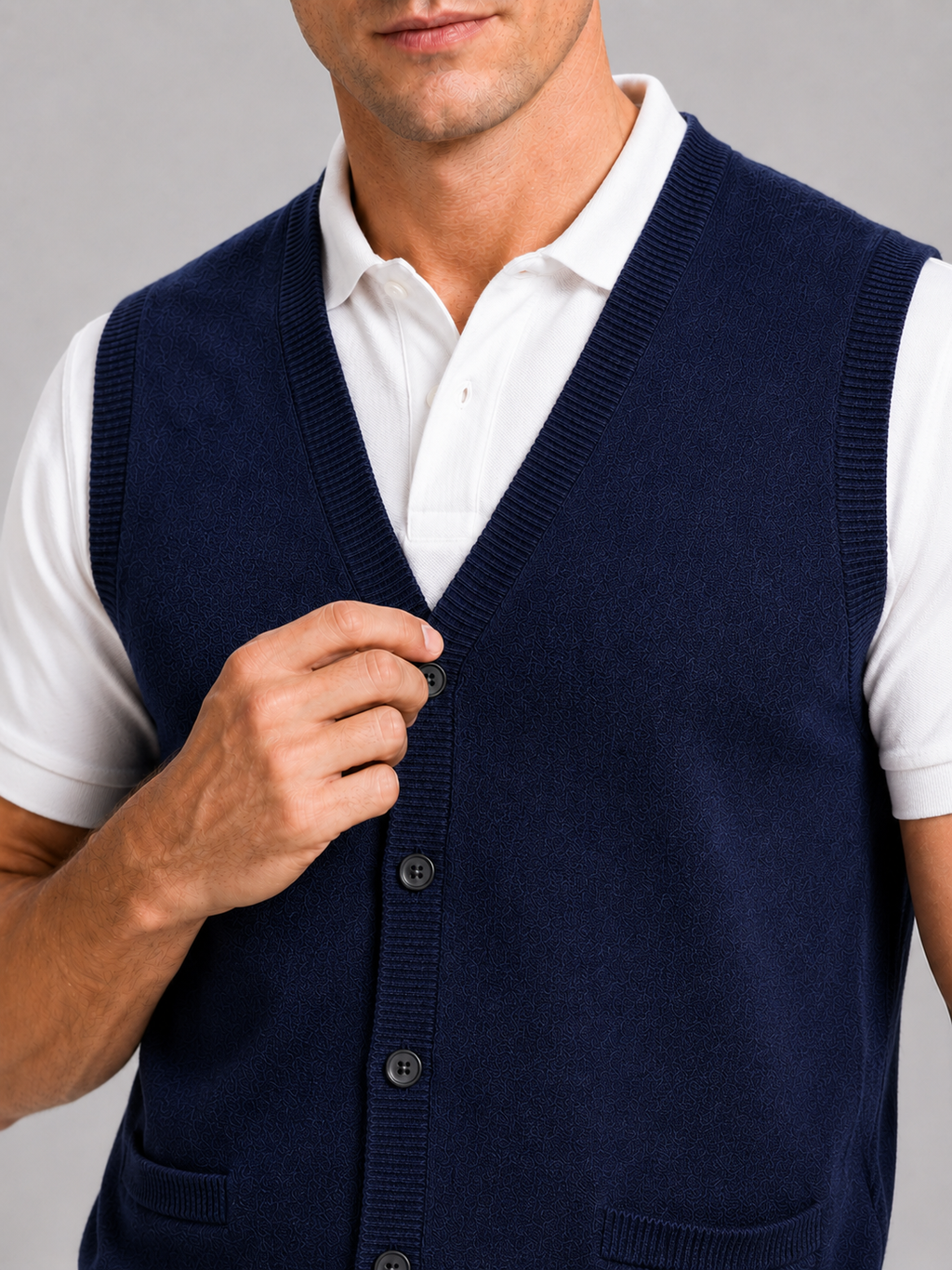 Close up of navy button up sweater vest showing soft knit texture and classic v neck detail