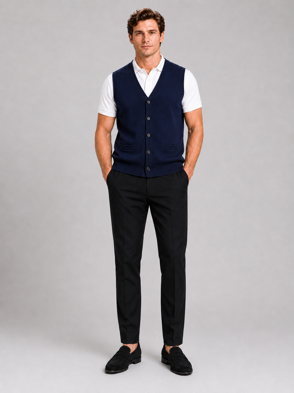 Navy knit sweater vest for men button up fall winter layer for office and everyday wear