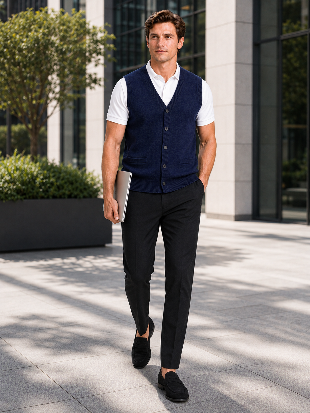 Man styling navy button up sweater vest in a polished business casual office outfit