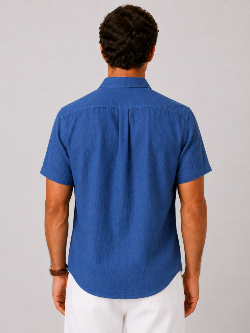 Navy linen short sleeve shirt for men soft breathable fabric relaxed vacation outfit