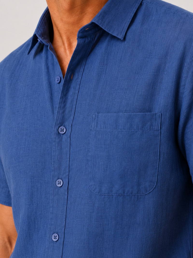Men’s navy linen summer shirt lightweight comfortable quiet luxury coastal wear