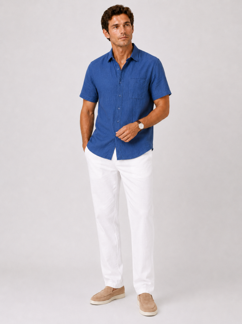 Navy short sleeve linen shirt minimal breathable fabric refined summer look