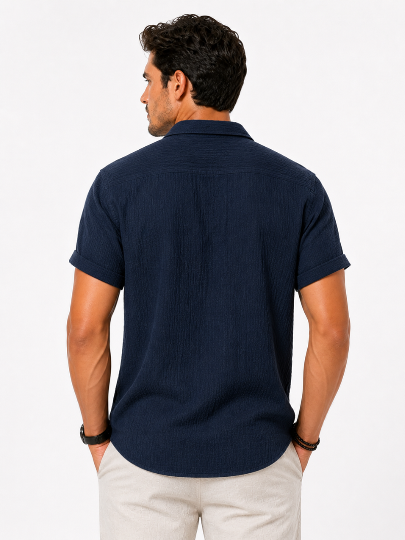 Navy cotton linen shirt short sleeve soft breathable fabric smart casual summer outfit
