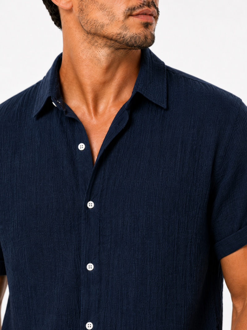 Men’s navy cotton linen short sleeve shirt lightweight comfortable everyday summer wear