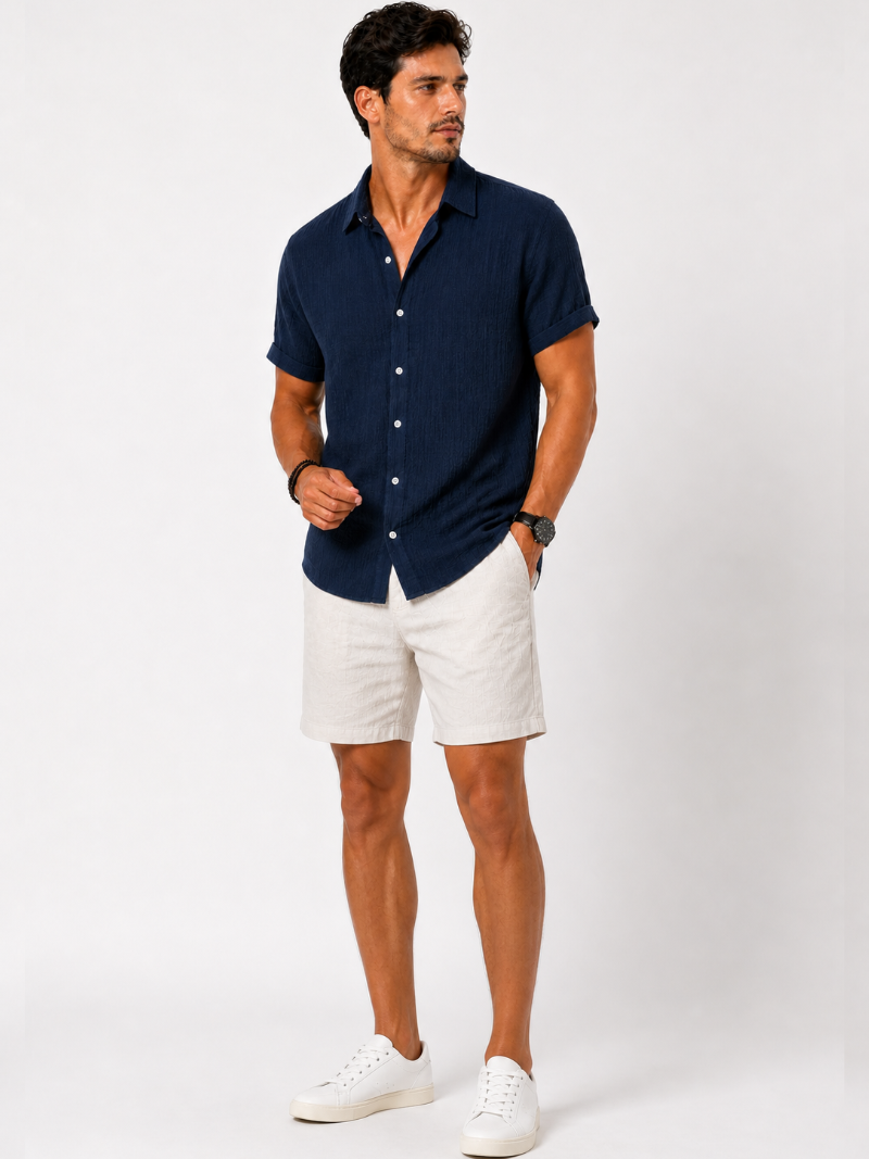Navy cotton linen shirt short sleeve minimal breathable fabric classic quiet luxury look