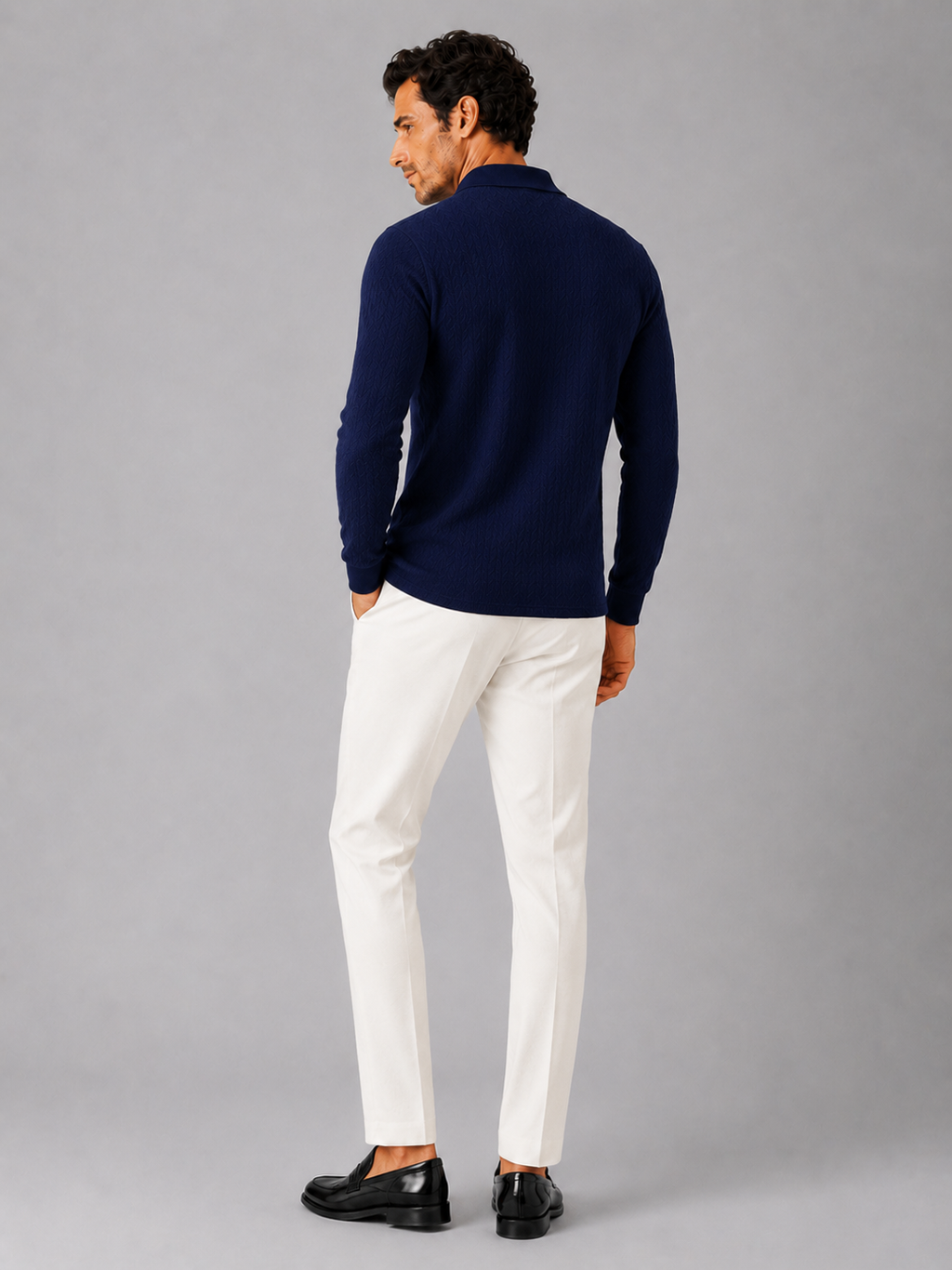 Men’s navy business casual polo soft knit fabric for classic smart casual style