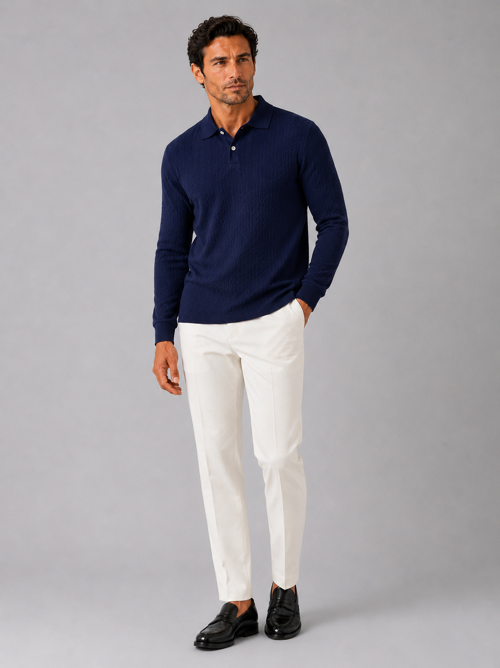 Navy long sleeve polo shirt for men comfortable knit top for office and vacation outfits