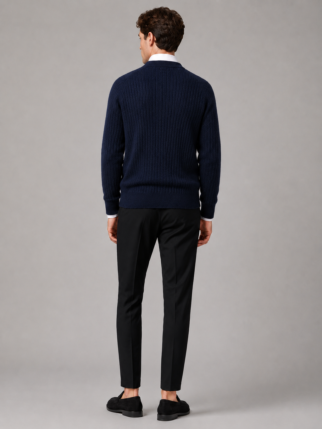 Men’s navy merino wool knit top comfortable sweater for business casual and smart casual outfits