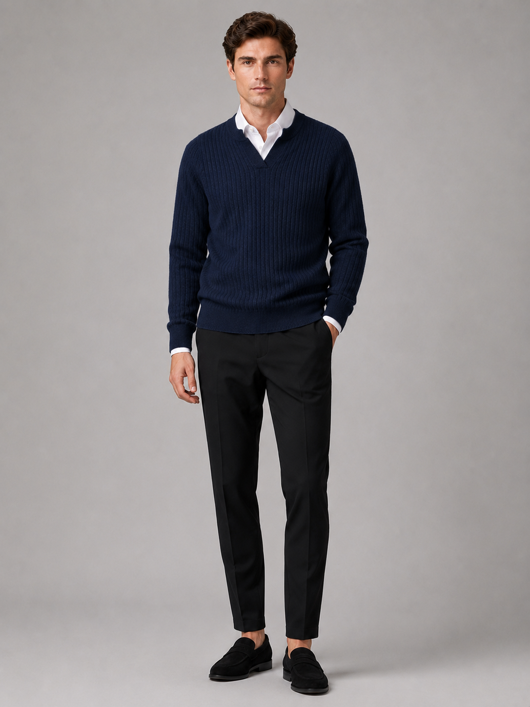 Navy merino wool open collar sweater for men warm fall winter top for everyday wear