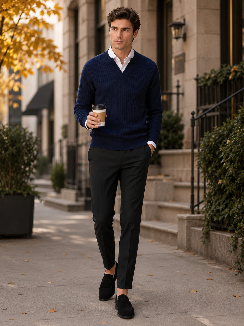 Man styling navy merino wool open collar sweater in a refined fall winter everyday outfit