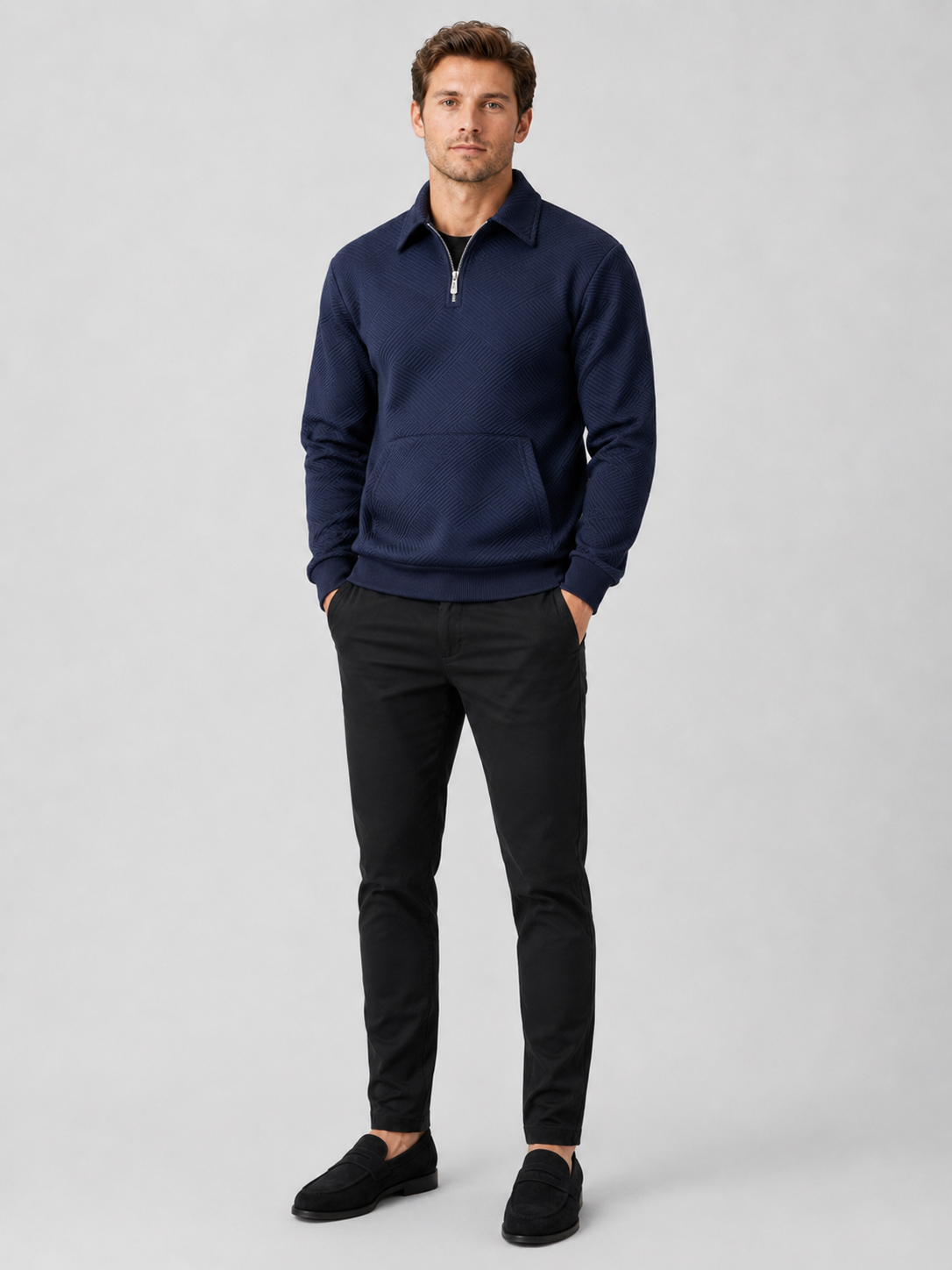 Navy quarter zip sweater for men long sleeve pullover for outdoor and everyday wear