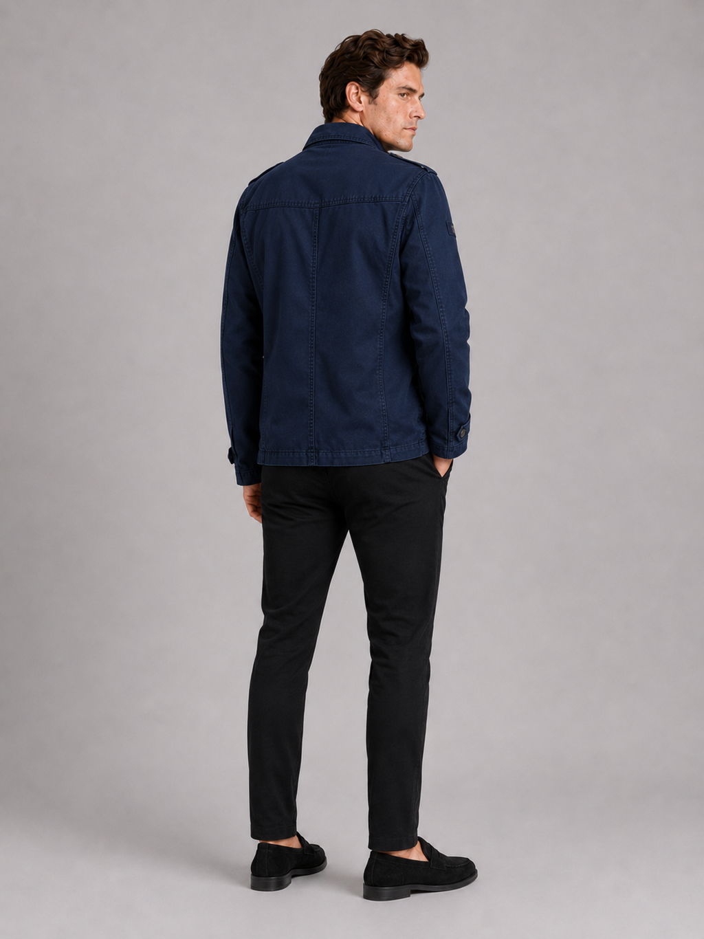 Men’s navy multi pocket cargo jacket heavyweight cotton outerwear for casual workwear outfits