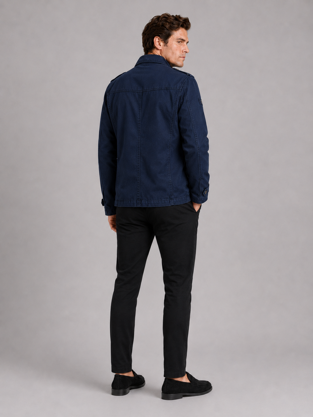 Men’s navy multi pocket cargo jacket heavyweight cotton outerwear for casual workwear outfits