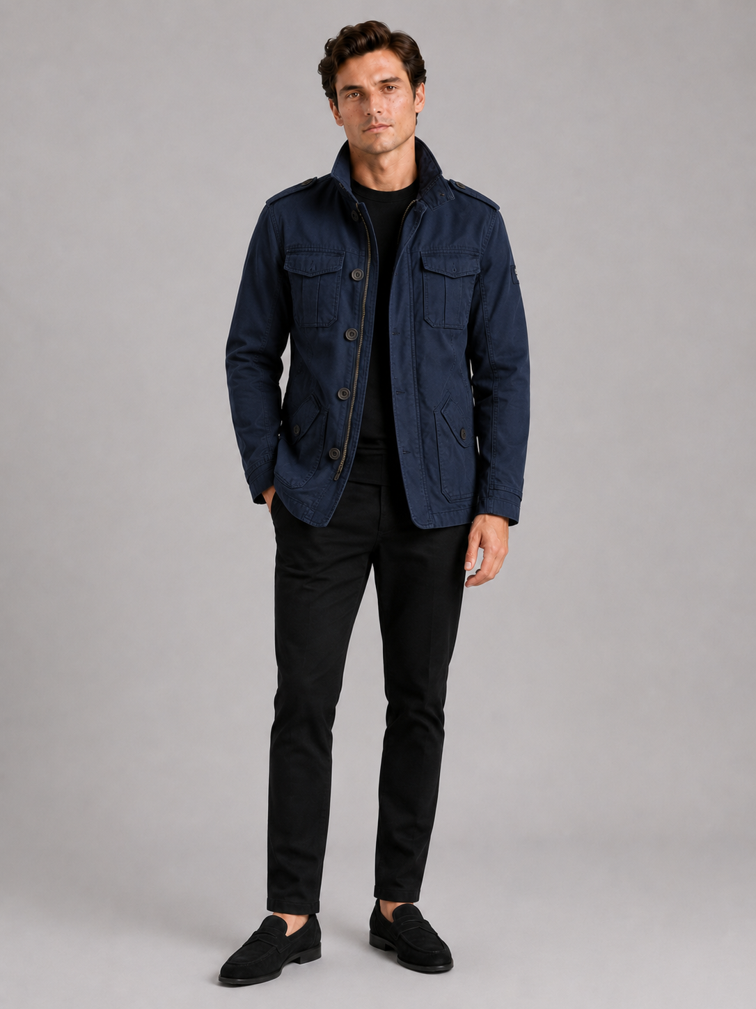 Navy military cargo jacket for men stand collar workwear coat for outdoor and everyday wear