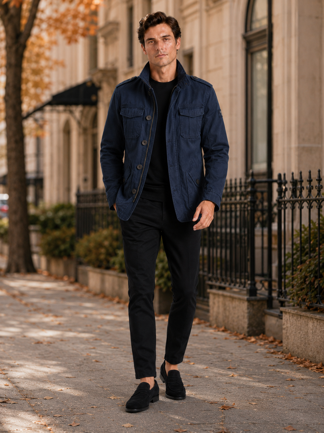 Man styling navy military cargo jacket in a refined outdoor and everyday lifestyle outfit