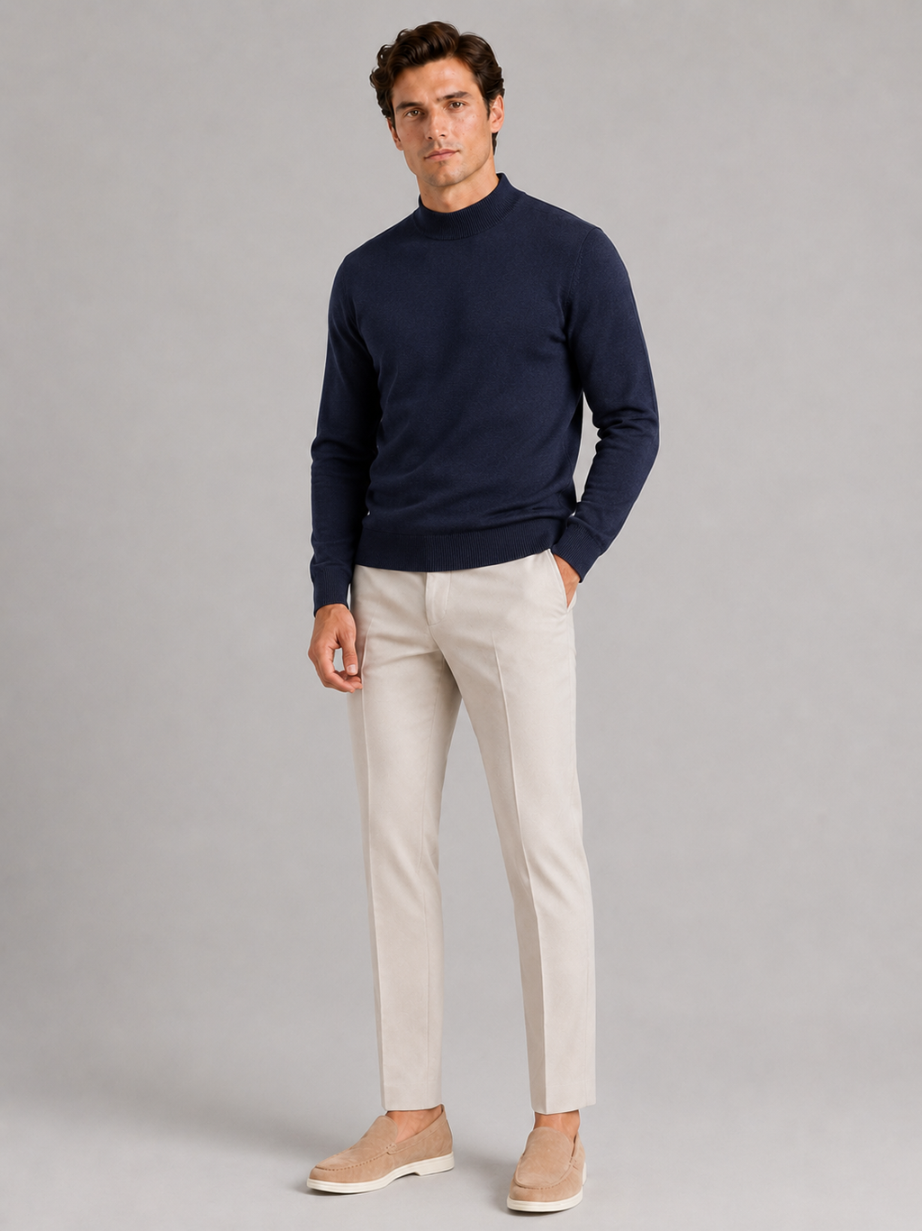 Men’s navy knit pullover warm slim fit sweater for refined casual outfits
