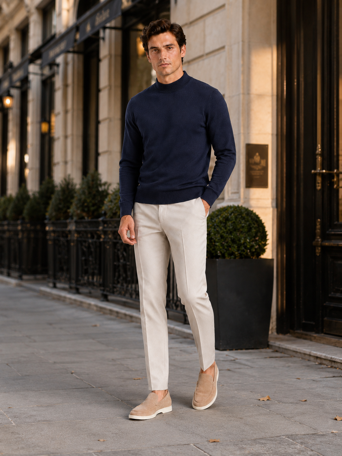 Man styling navy mock neck sweater in a polished winter lifestyle outfit