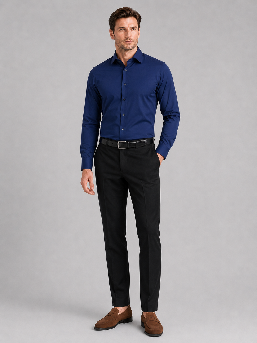 Navy button down dress shirt for men long sleeve office shirt for business casual wear