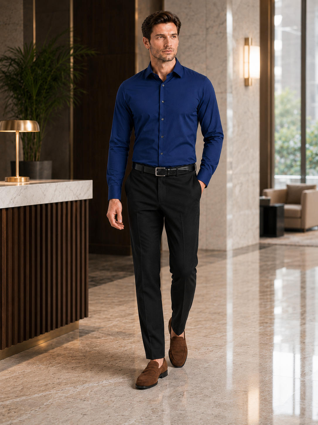 Man styling navy button down dress shirt in a classic business casual office outfit